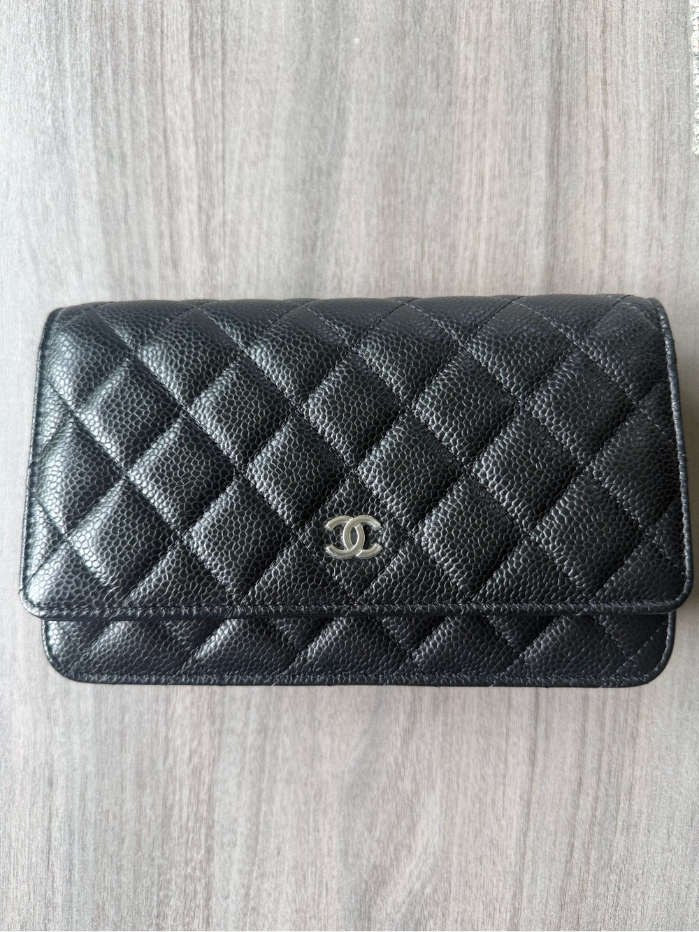 CHANEL Black Quilted Caviar Leather Wallet with Silver CC